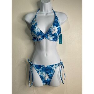 Joybik Womens Blue Tie Dye Floral Halter Ruffle Bikini Set Size L New